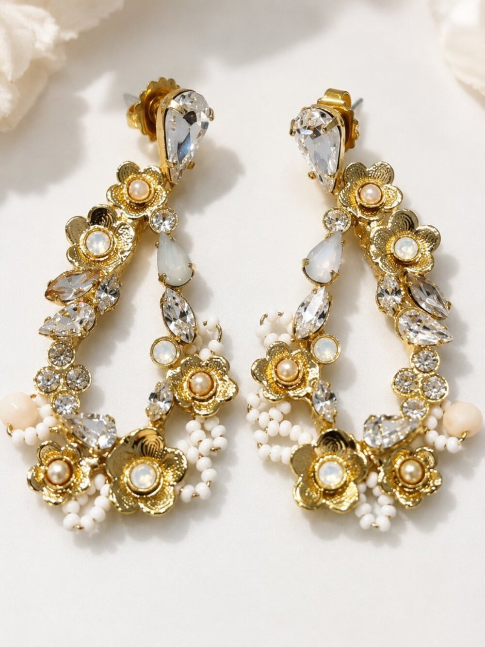 Sorrelli Gold and Cream Floral Drop Earrings